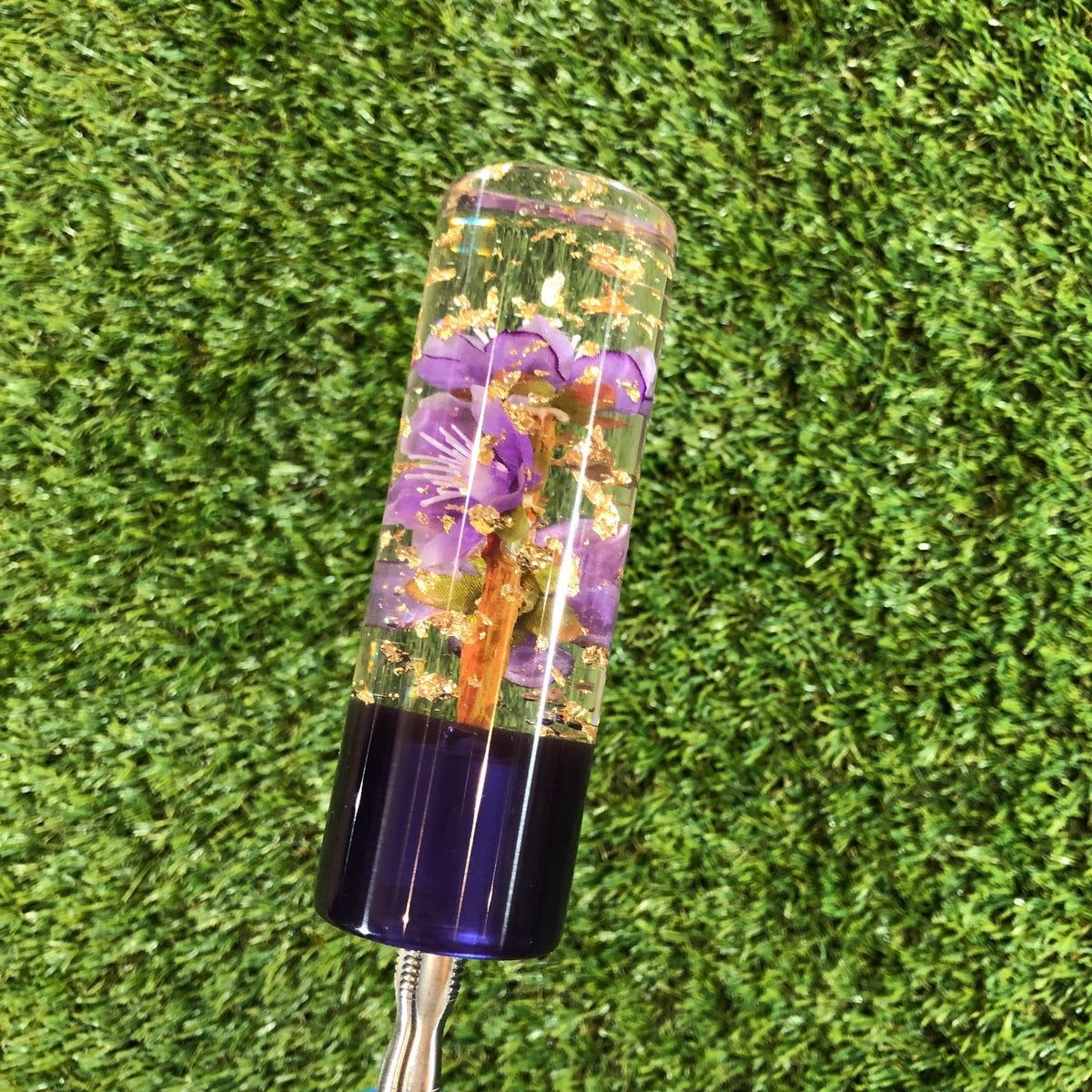 115mm Purple Gold Leaf Cherry Blossom Resin Shift Knob — 4.5 in, 12mm x 1.25