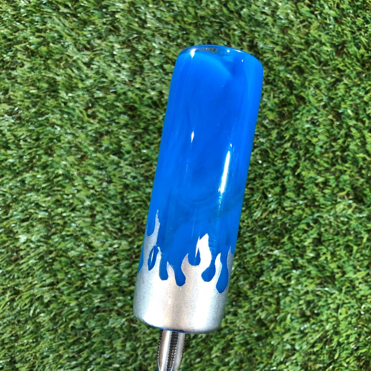 140mm Blue Silver Swirl Flames Resin Shift Knob — 5.5 in, 12mm x 1.25