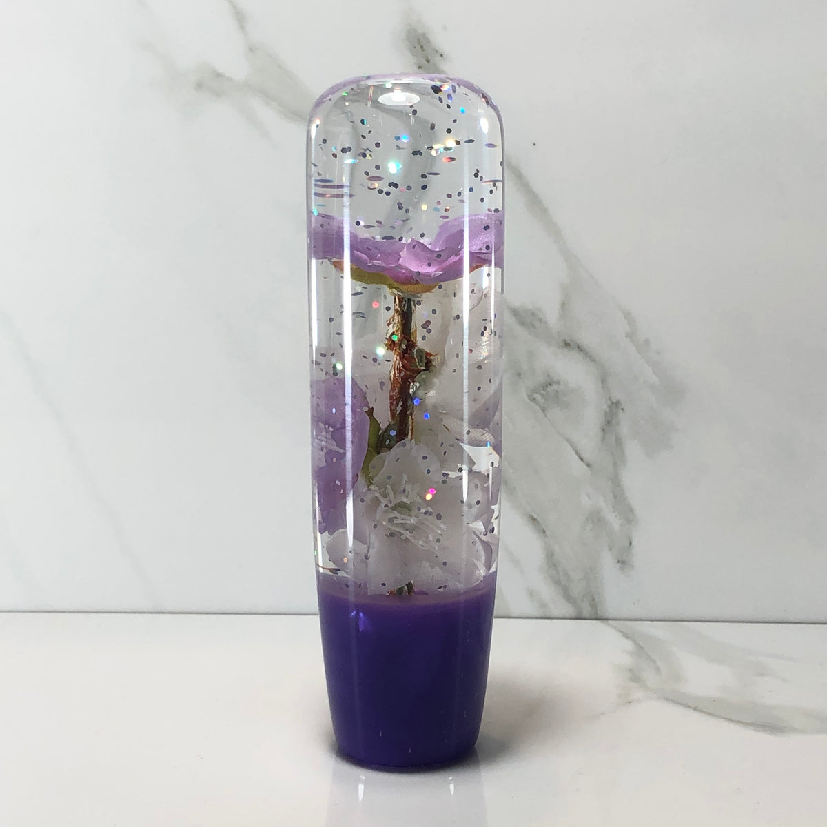 140mm Purple White Blossom Resin Shift Knob — 5.5 in, 12mm x 1.25