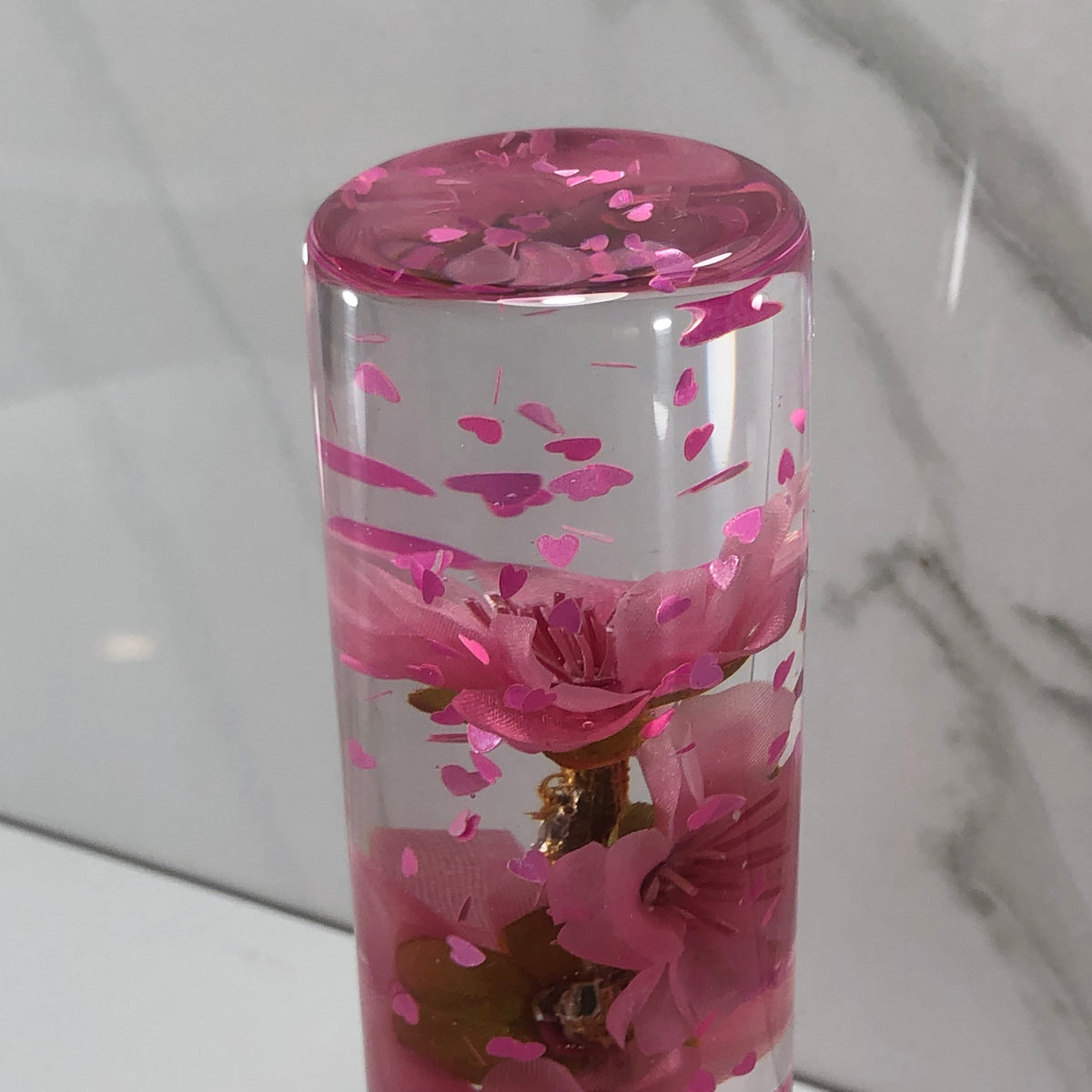 140mm Pink Glitter Blossom Heart Resin Shift Knob — 5.5 in, 12mm x 1.25