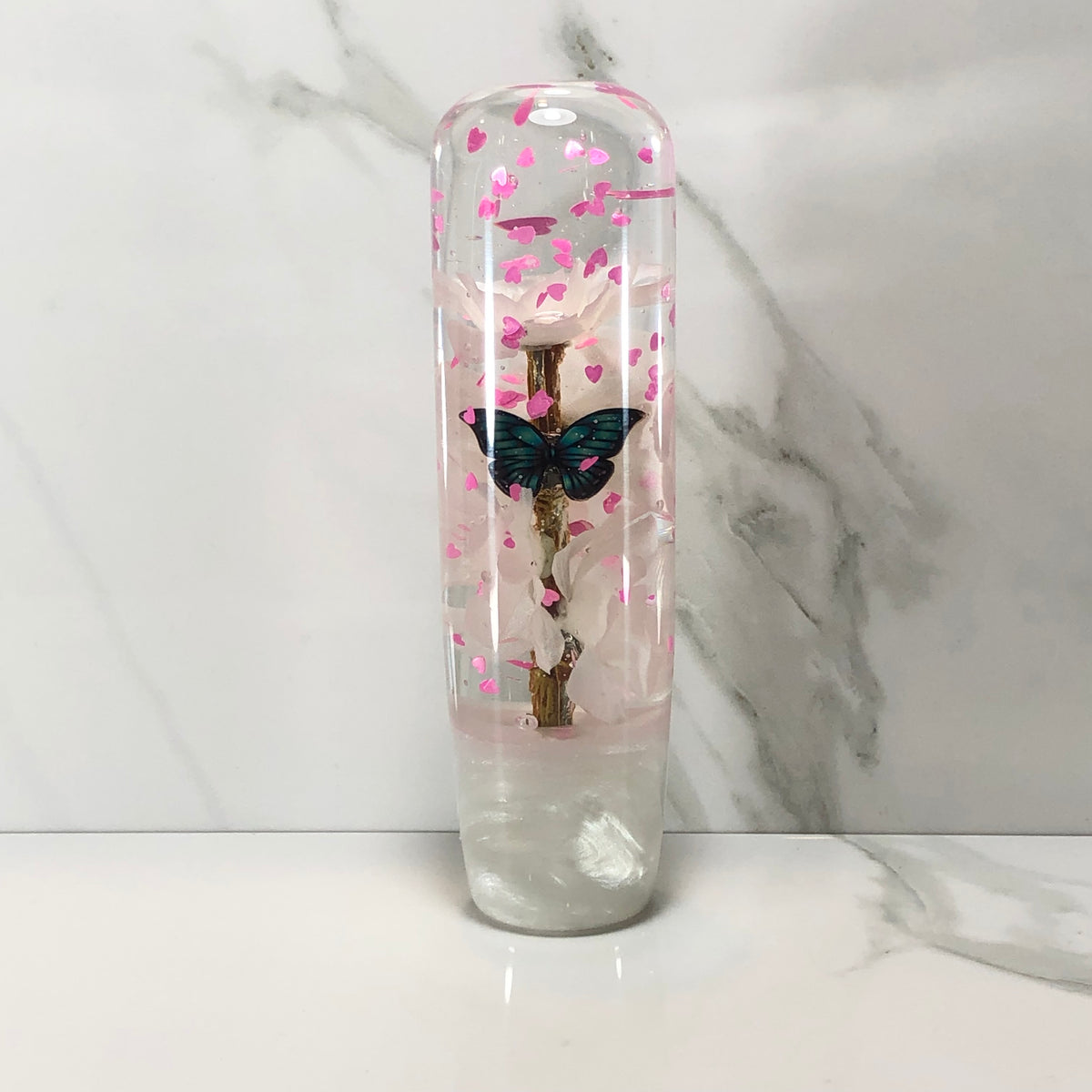 140mm White Blossom Butterfly Resin Shift Knob — 5.5 in, 12mm x 1.25