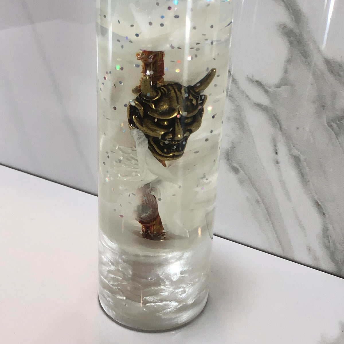 140mm White Blossom Oni Mask Resin Shift Knob — 5.5 in, 12mm x 1.25