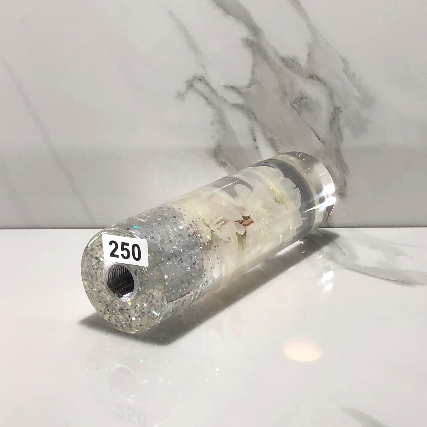 140mm White Blossom Resin Shift Knob — 5.5 in, 12mm x 1.25