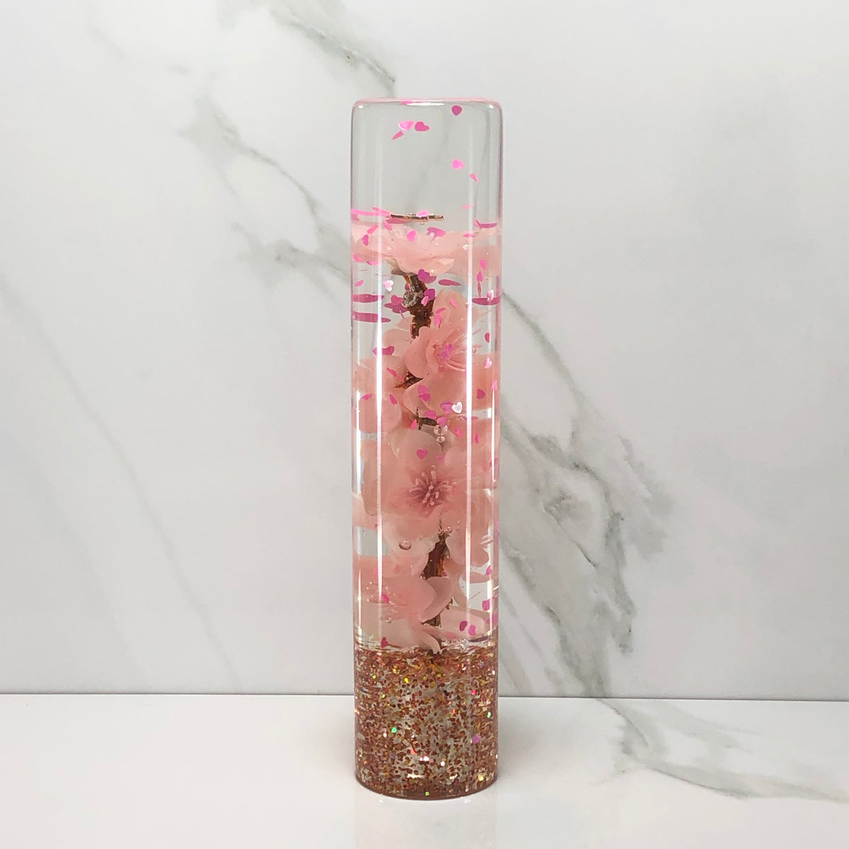 190mm Pink Blossom Heart Resin Shift Knob — 7.5 in, 12mm x 1.25