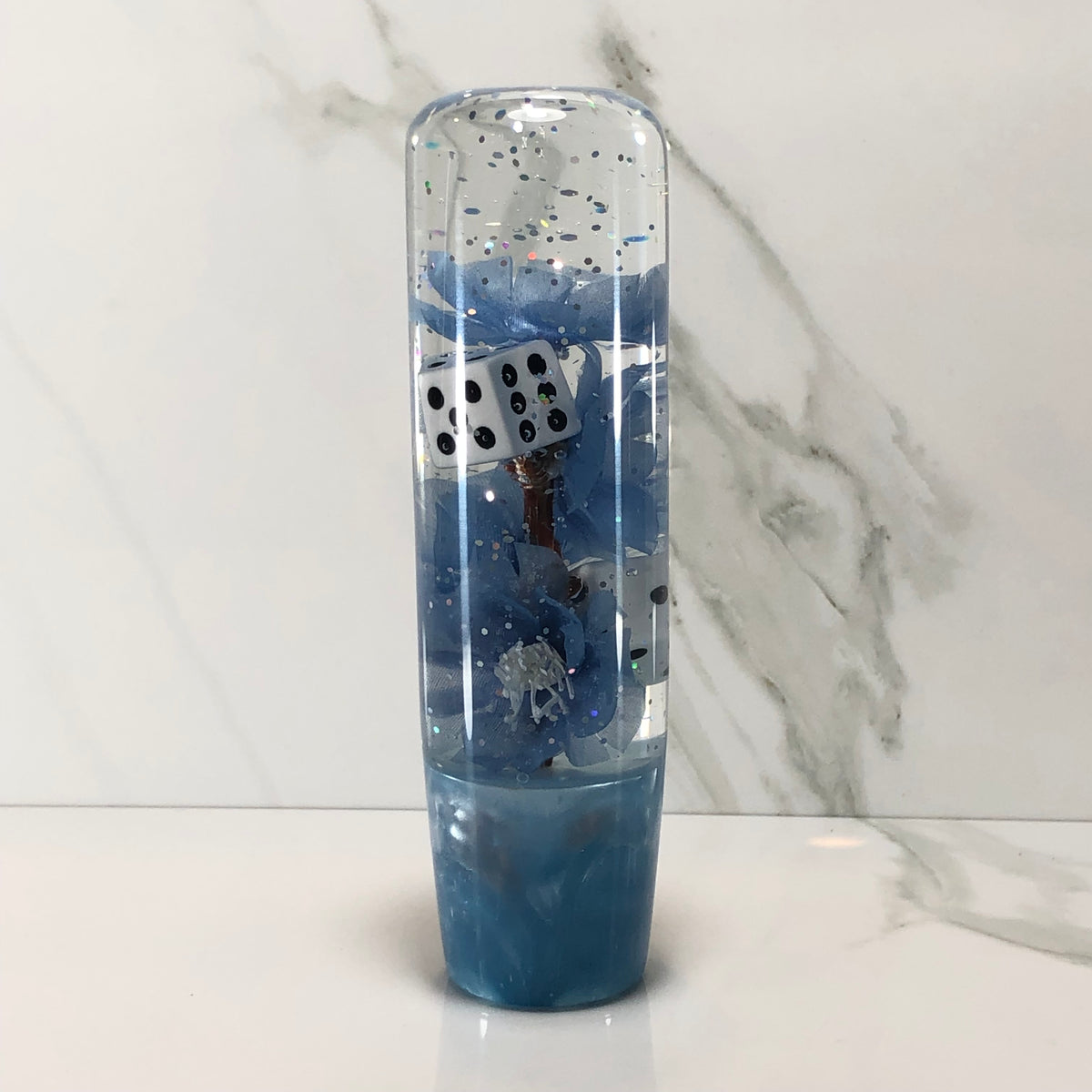 140mm Blue Blossom Dice Resin Shift Knob — 5.5 in, 12mm x 1.25