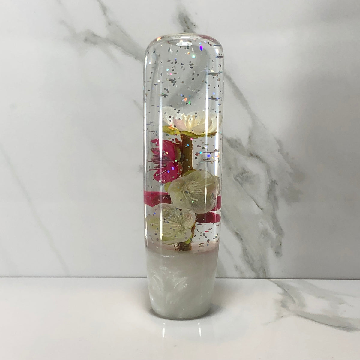 140mm White Hot Pink Blossom Resin Shift Knob — 5.5 in, 12mm x 1.25