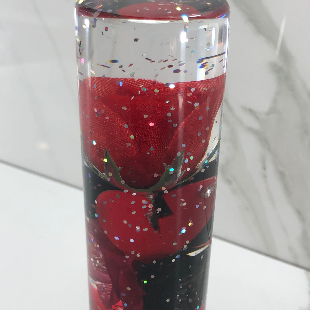 140mm Red Black Rose Blossom Resin Shift Knob — 5.5 in, 12mm x 1.25