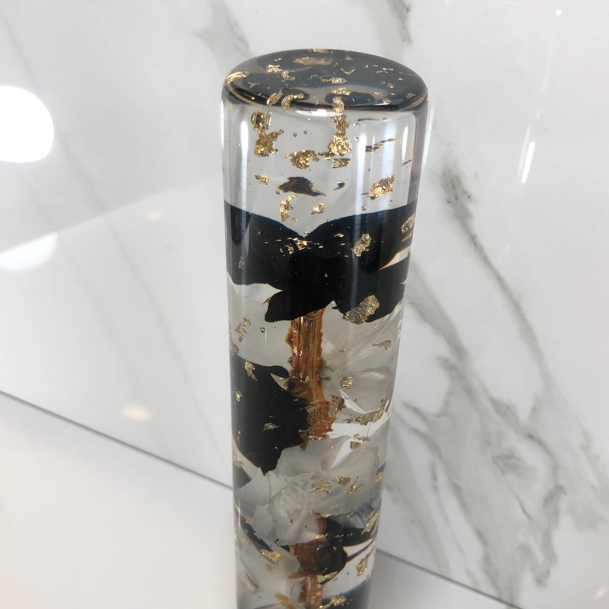 190mm Black White Gold Leaf Blossom Resin Shift Knob — 7.5 in, 12mm x 1.25
