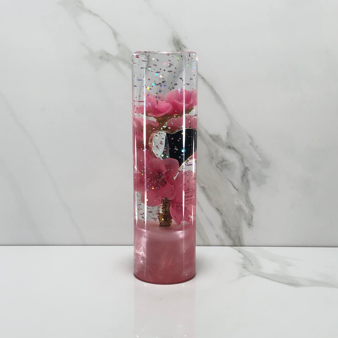 140mm Pink Black Blossom Heart Resin Shift Knob — 5.5 in, 12mm x 1.25