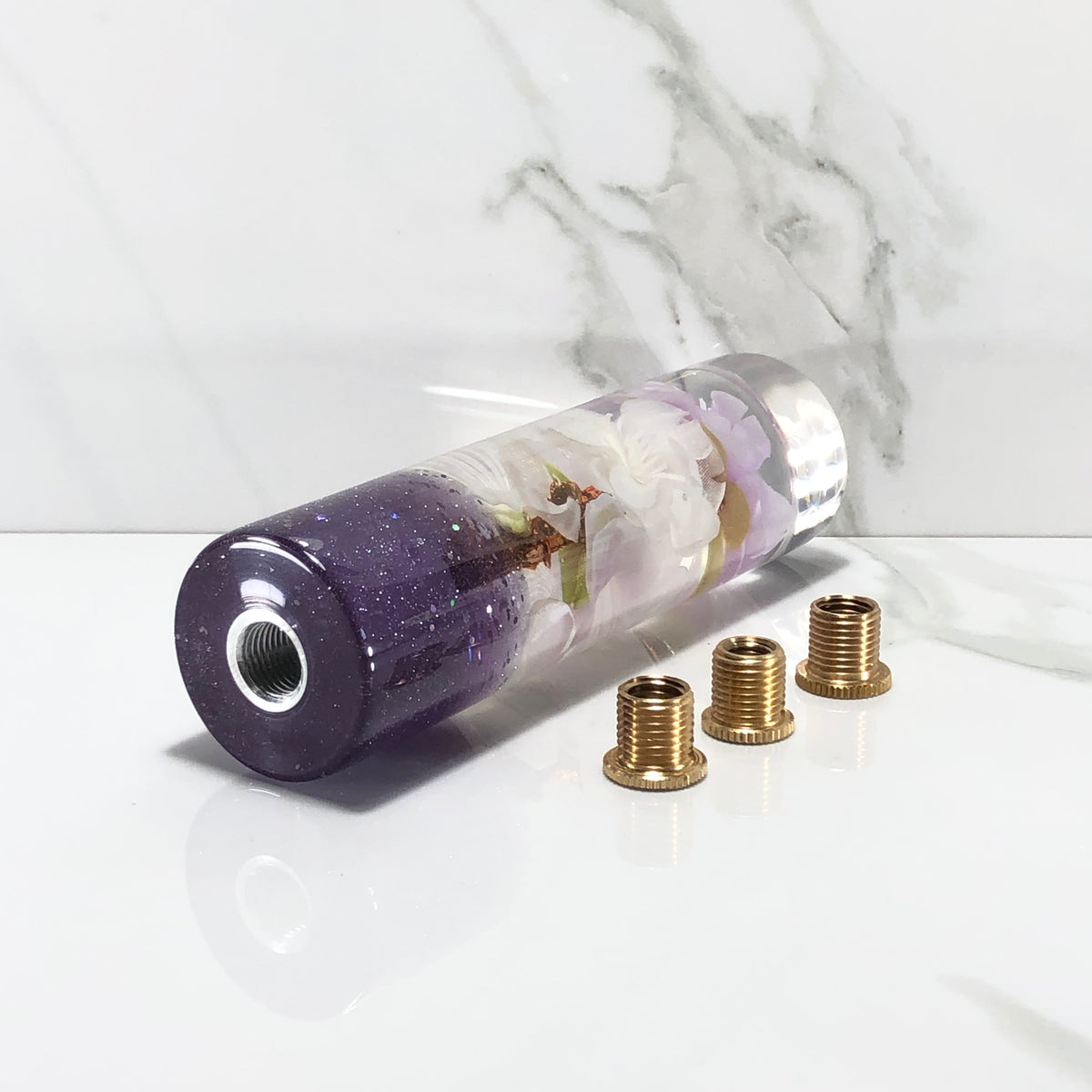 140mm Purple White Blossom Resin Shift Knob — 5.5 in, 12mm x 1.25