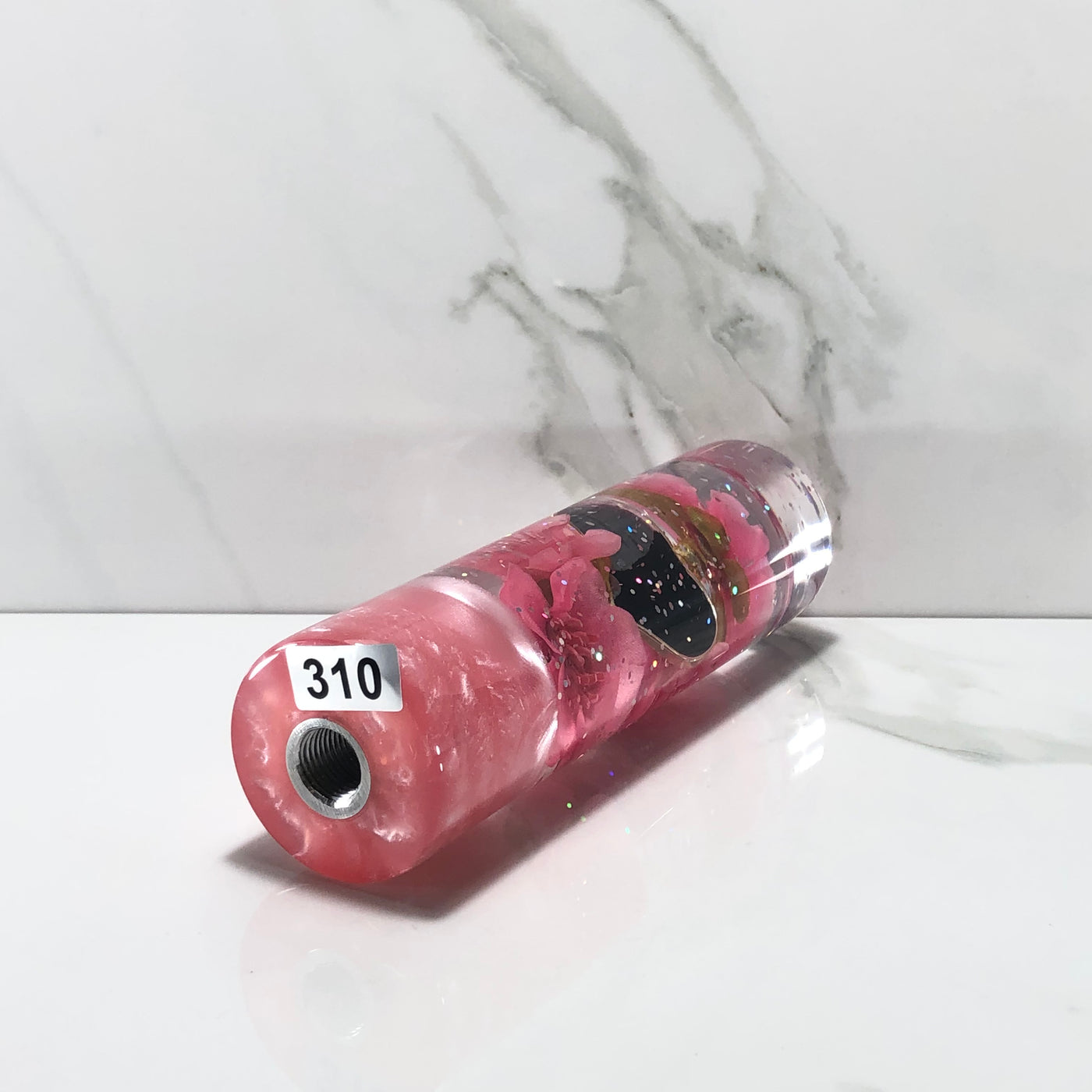 140mm Pink Black Blossom Heart Resin Shift Knob — 5.5 in, 12mm x 1.25