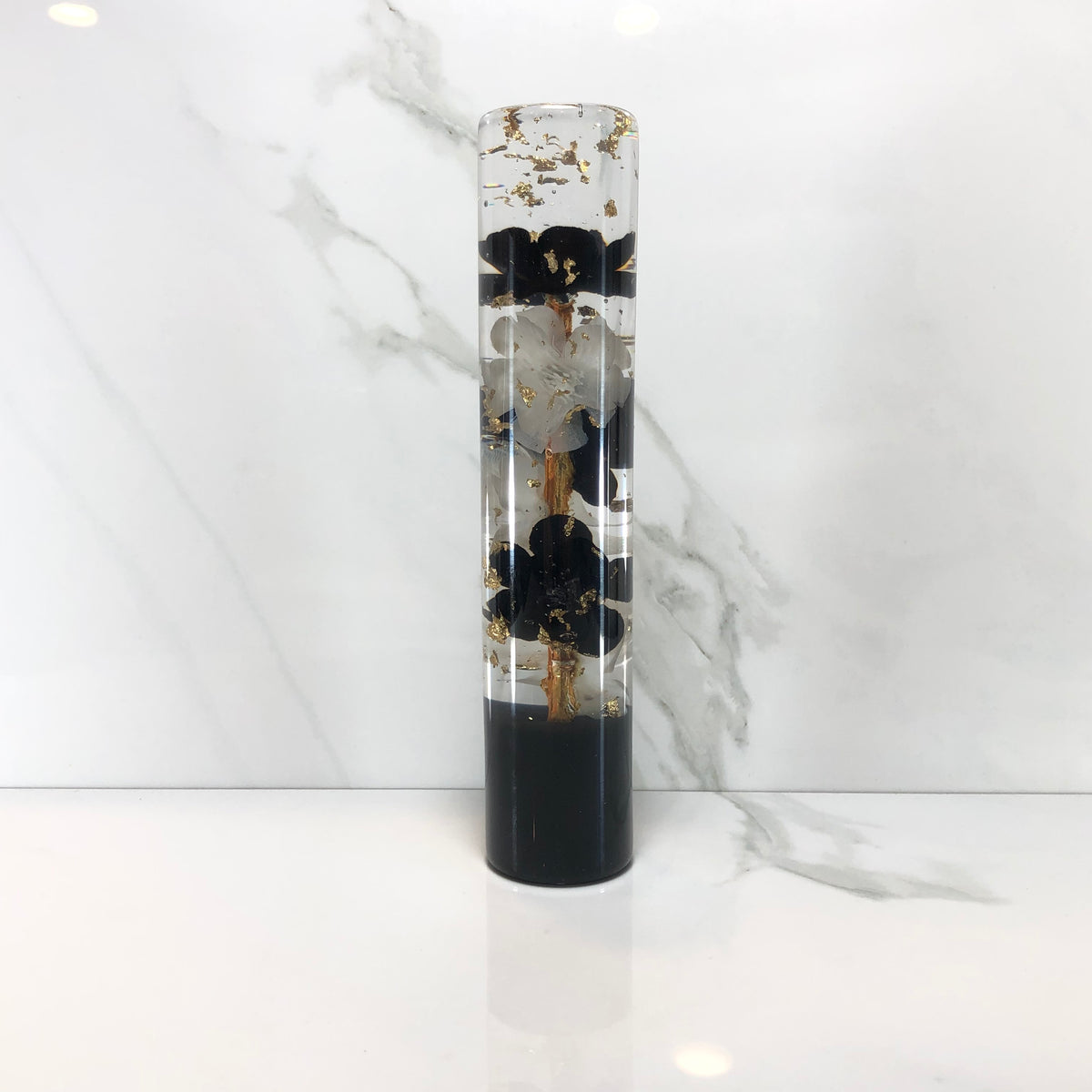 190mm Black White Gold Leaf Blossom Resin Shift Knob — 7.5 in, 12mm x 1.25