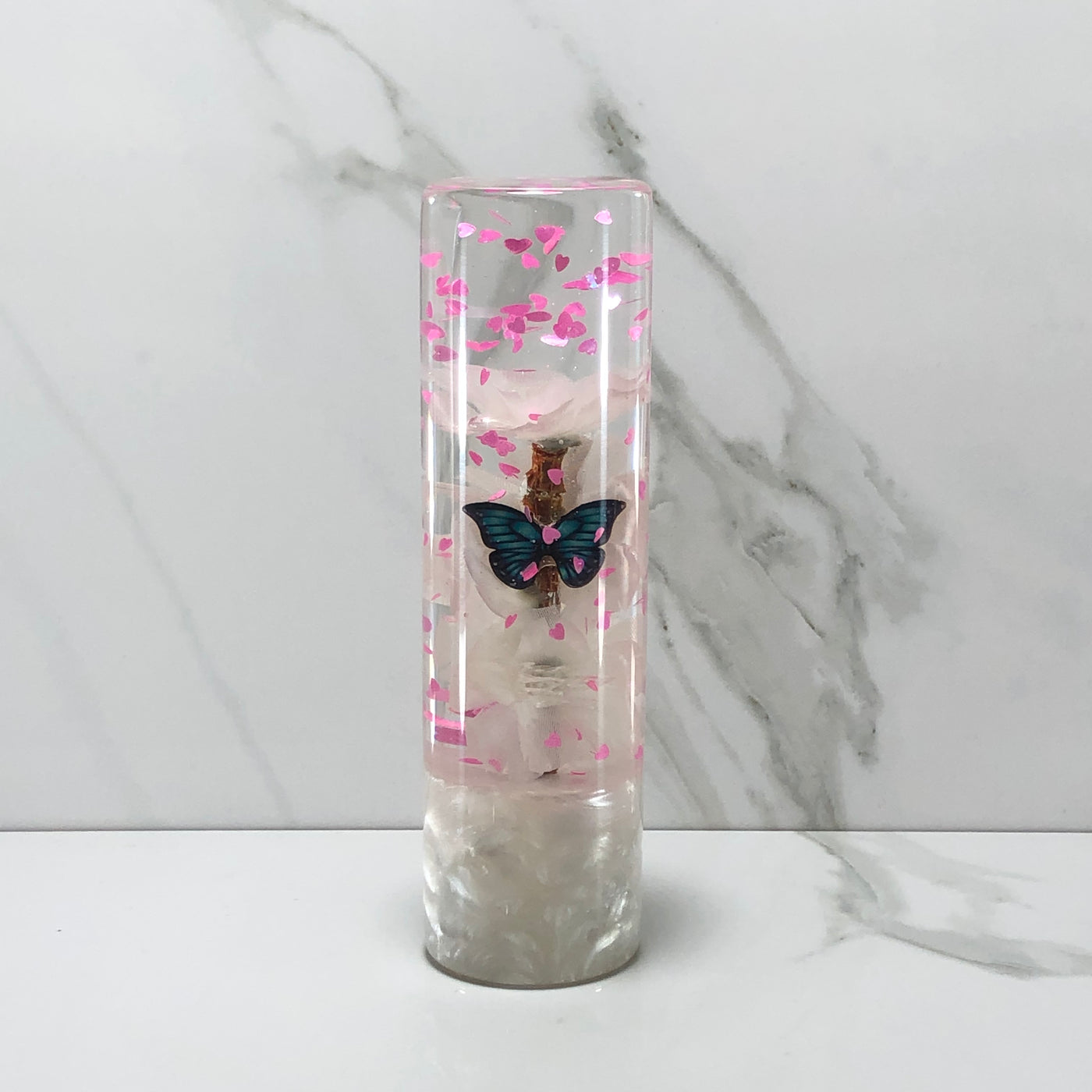 140mm White Pink Blossom Hearts Resin Shift Knob — 5.5 in, 12mm x 1.25