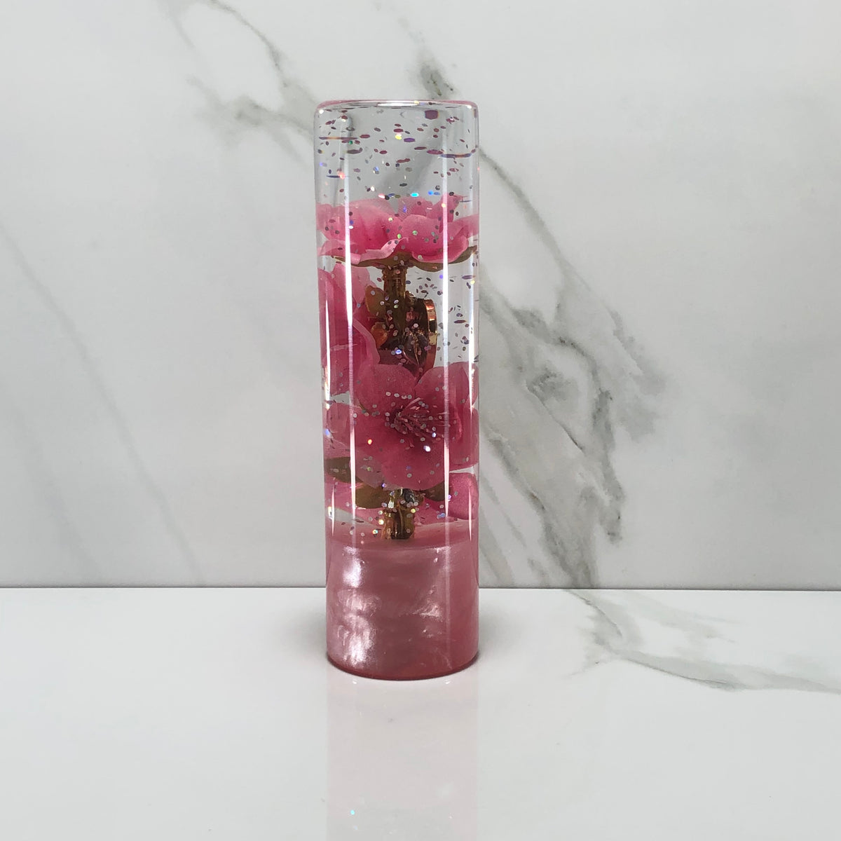 140mm Pink Black Blossom Heart Resin Shift Knob — 5.5 in, 12mm x 1.25