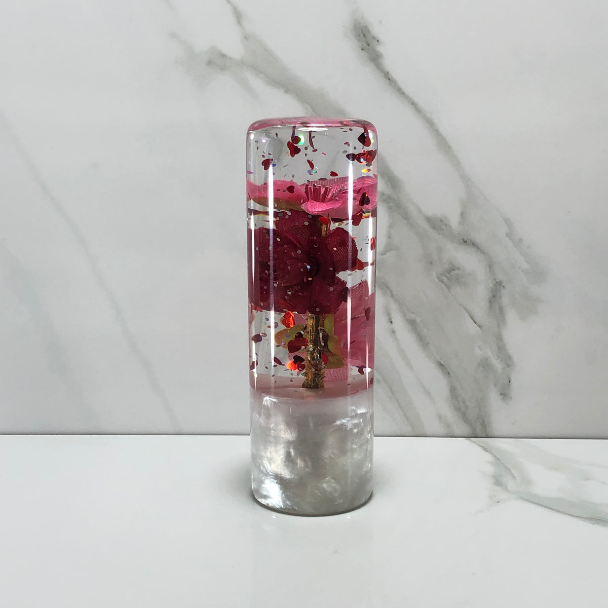 115mm Pink Red Blossom Heart Resin Shift Knob — 4.5 in, 12mm x 1.25