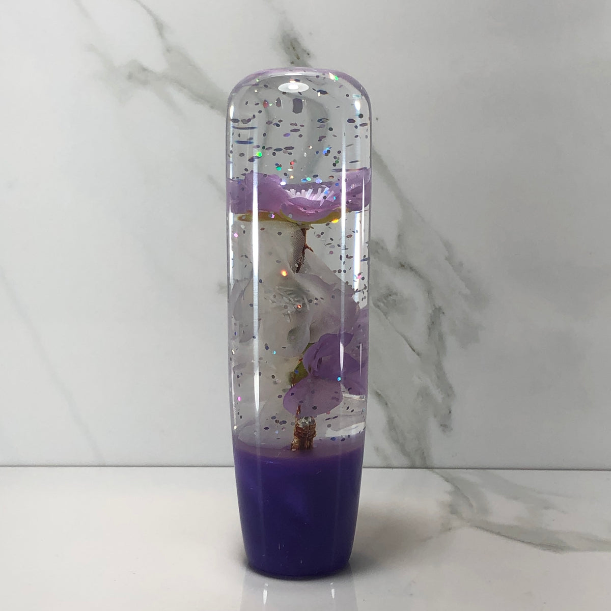 140mm Purple White Blossom Resin Shift Knob — 5.5 in, 12mm x 1.25
