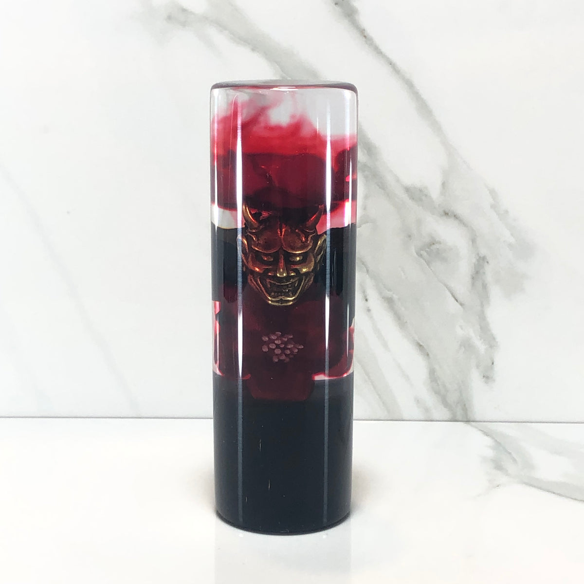 115mm Red Black Blossom Oni Mask Resin Shift Knob — 4.5 in, 12mm x 1.25