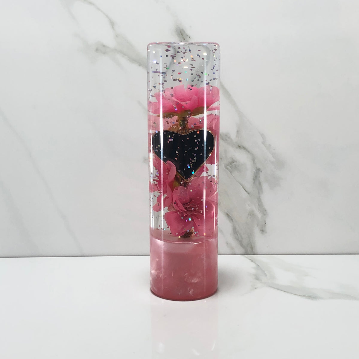 140mm Pink Black Blossom Heart Resin Shift Knob — 5.5 in, 12mm x 1.25