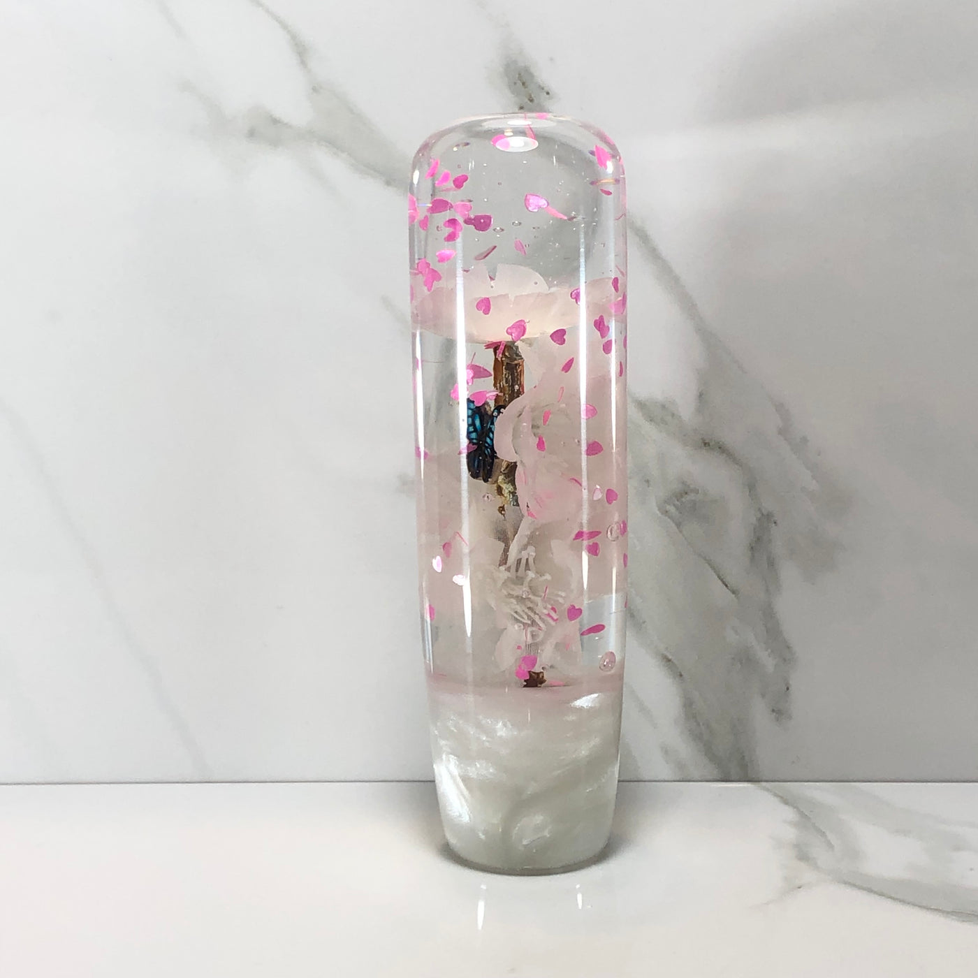 140mm White Blossom Butterfly Resin Shift Knob — 5.5 in, 12mm x 1.25