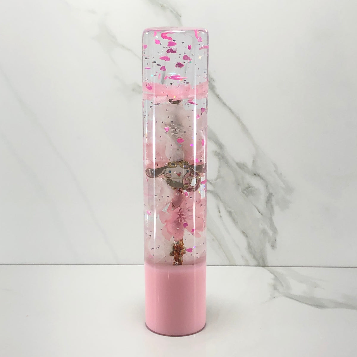 190mm Pink White Blossom Charm Resin Shift Knob — 7.5 in, 12mm x 1.25