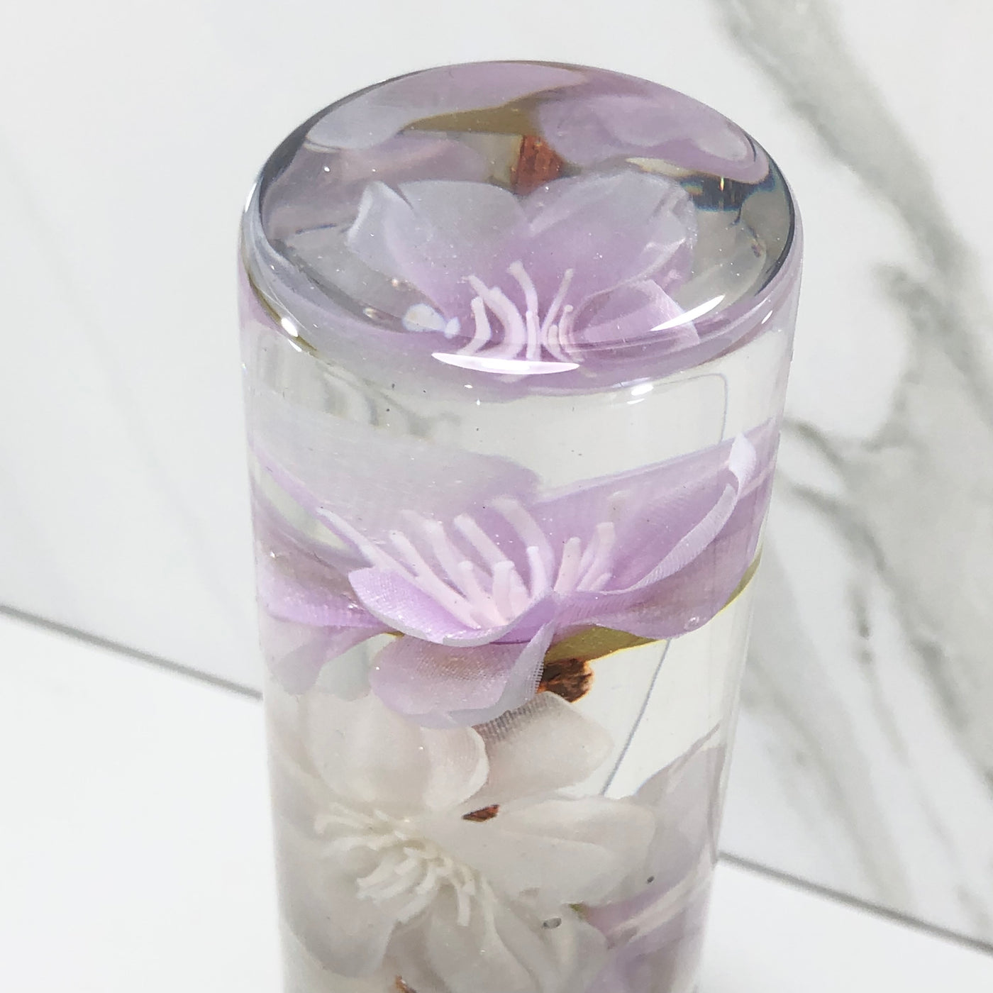 140mm Purple White Blossom Resin Shift Knob — 5.5 in, 12mm x 1.25