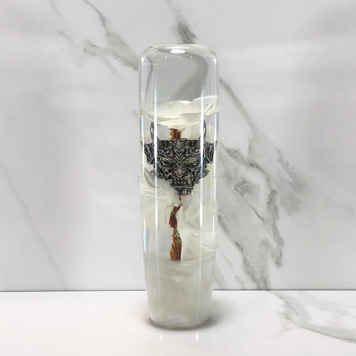 140mm White Blossom Hannya Mask Resin Shift Knob — 5.5 in, 12mm x 1.25