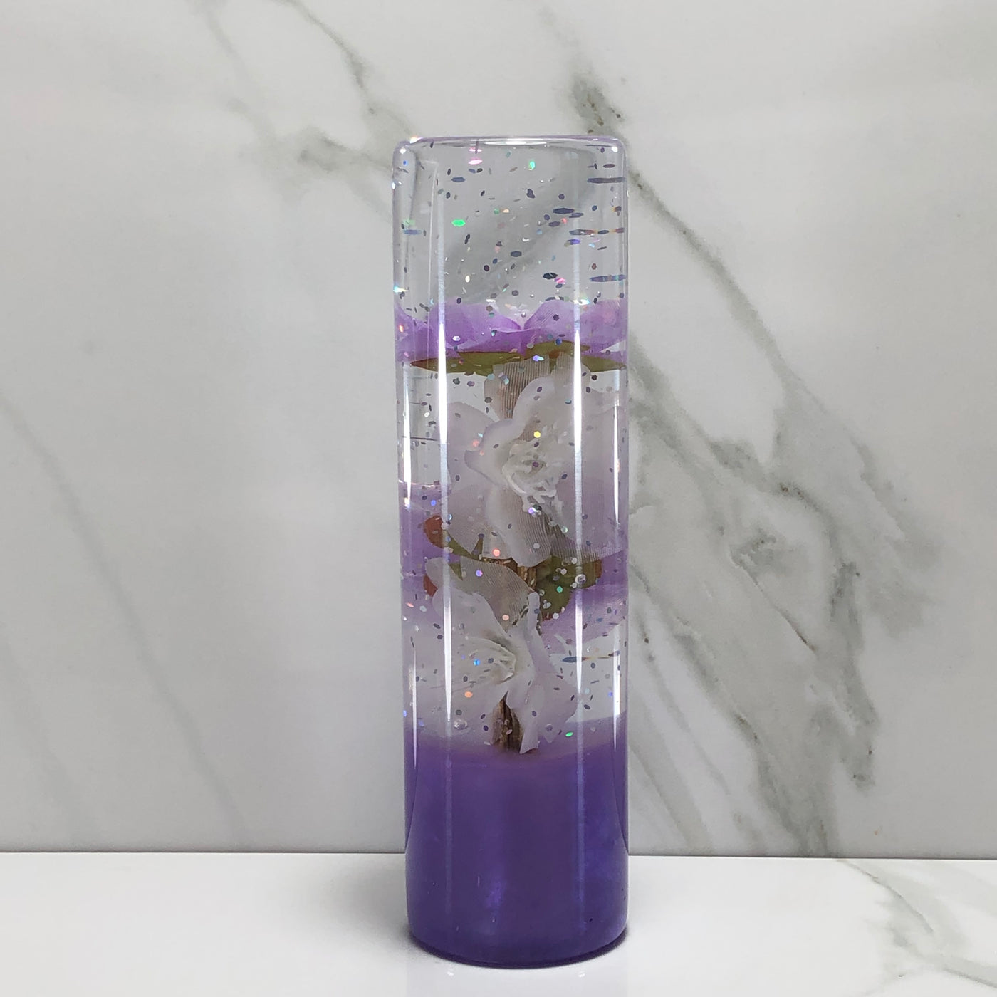 140mm Purple White Blossom Resin Shift Knob — 5.5 in, 12mm x 1.25