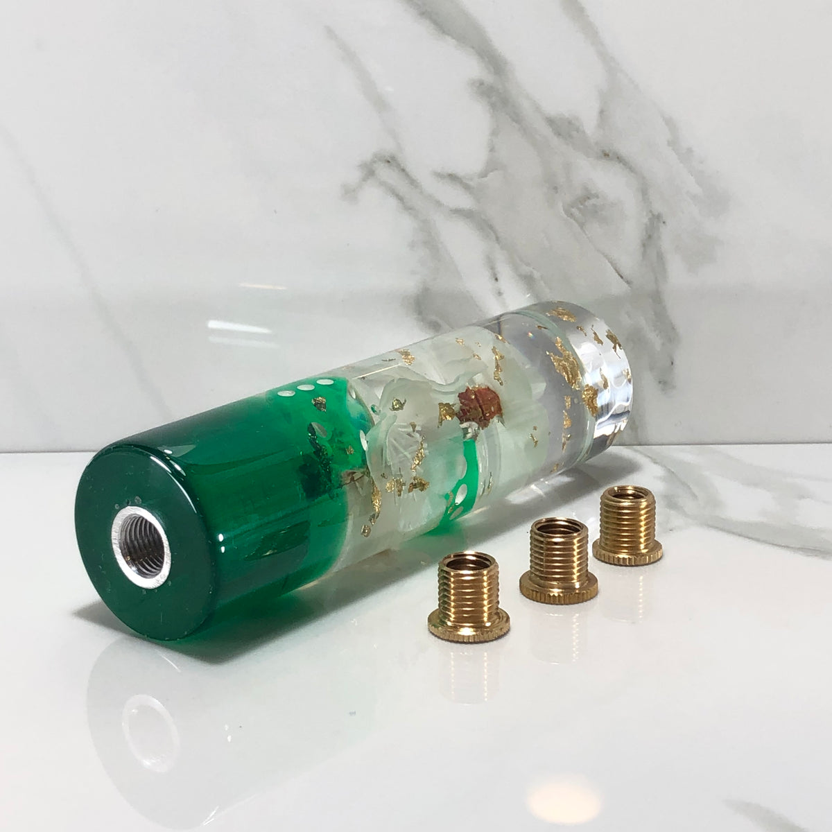 140mm White Green Blossom Dice Resin Shift Knob — 5.5 in, 12mm x 1.25