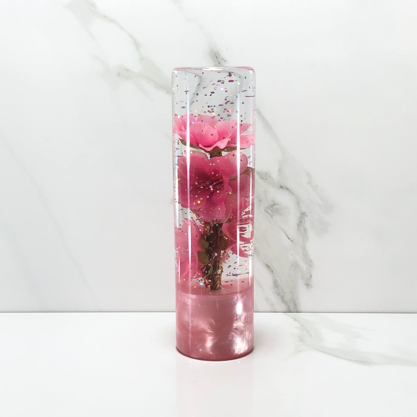 140mm Pink Black Blossom Heart Resin Shift Knob — 5.5 in, 12mm x 1.25