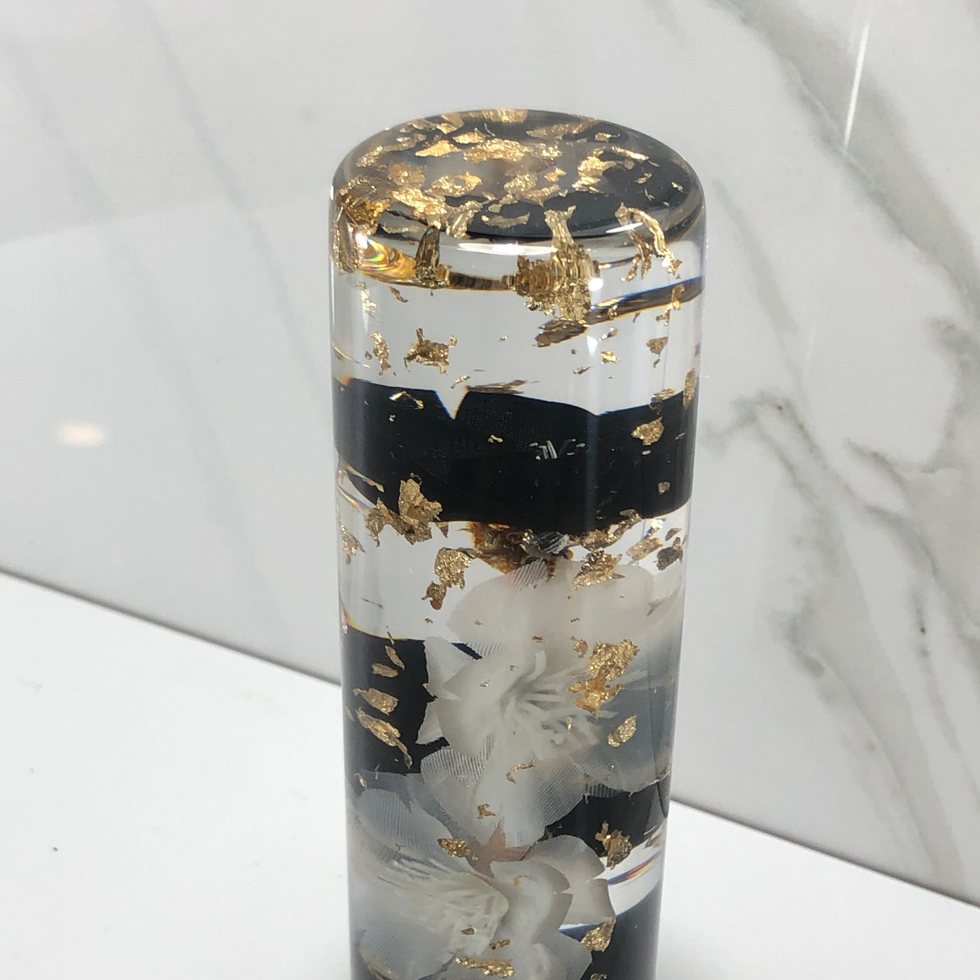 140mm Black White Blossom Resin Shift Knob — 5.5 in, 12mm x 1.25