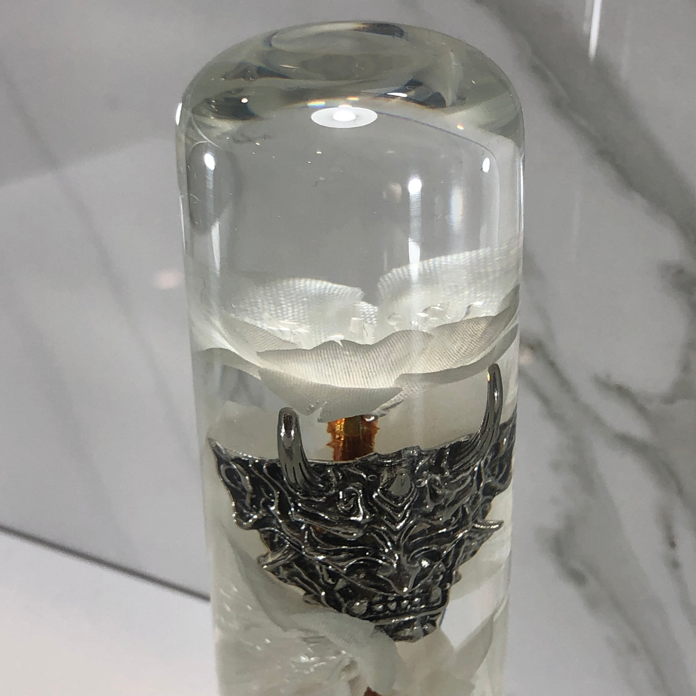 140mm White Blossom Hannya Mask Resin Shift Knob — 5.5 in, 12mm x 1.25