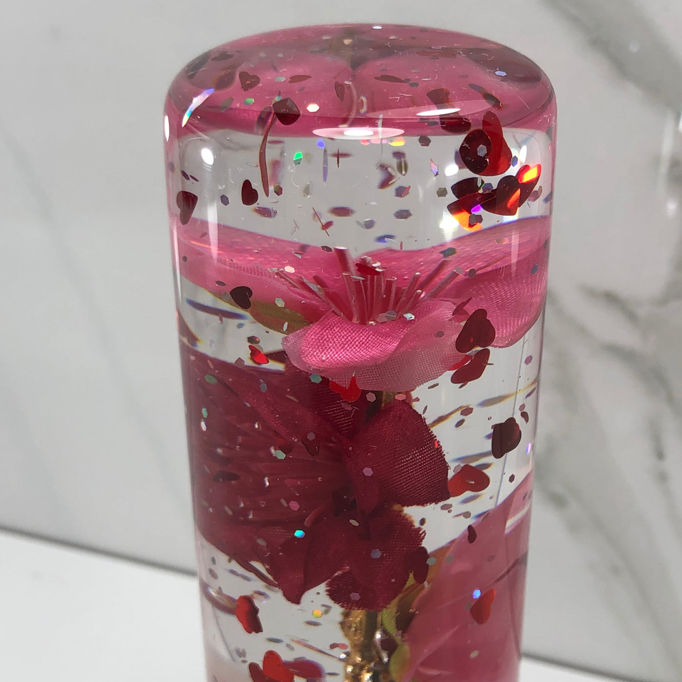 115mm Pink Red Blossom Heart Resin Shift Knob — 4.5 in, 12mm x 1.25