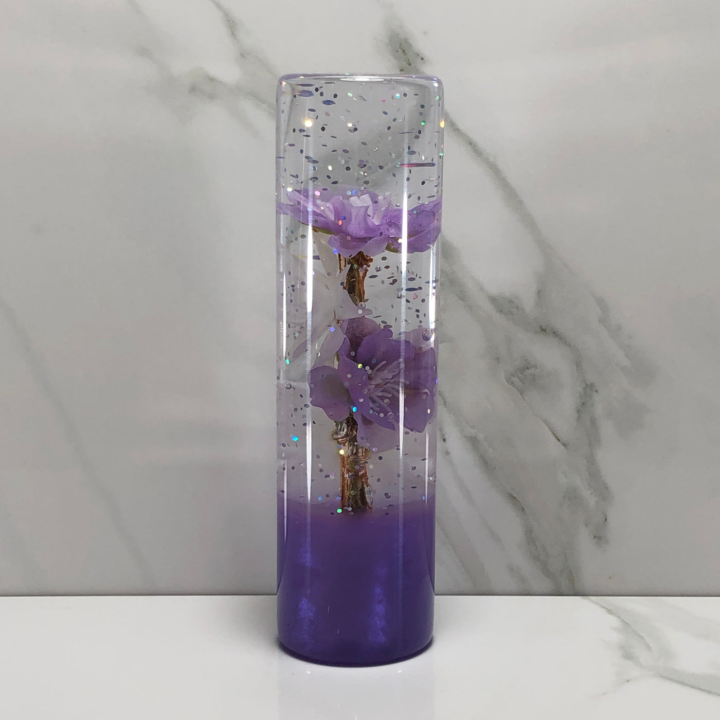 140mm Purple White Blossom Resin Shift Knob — 5.5 in, 12mm x 1.25