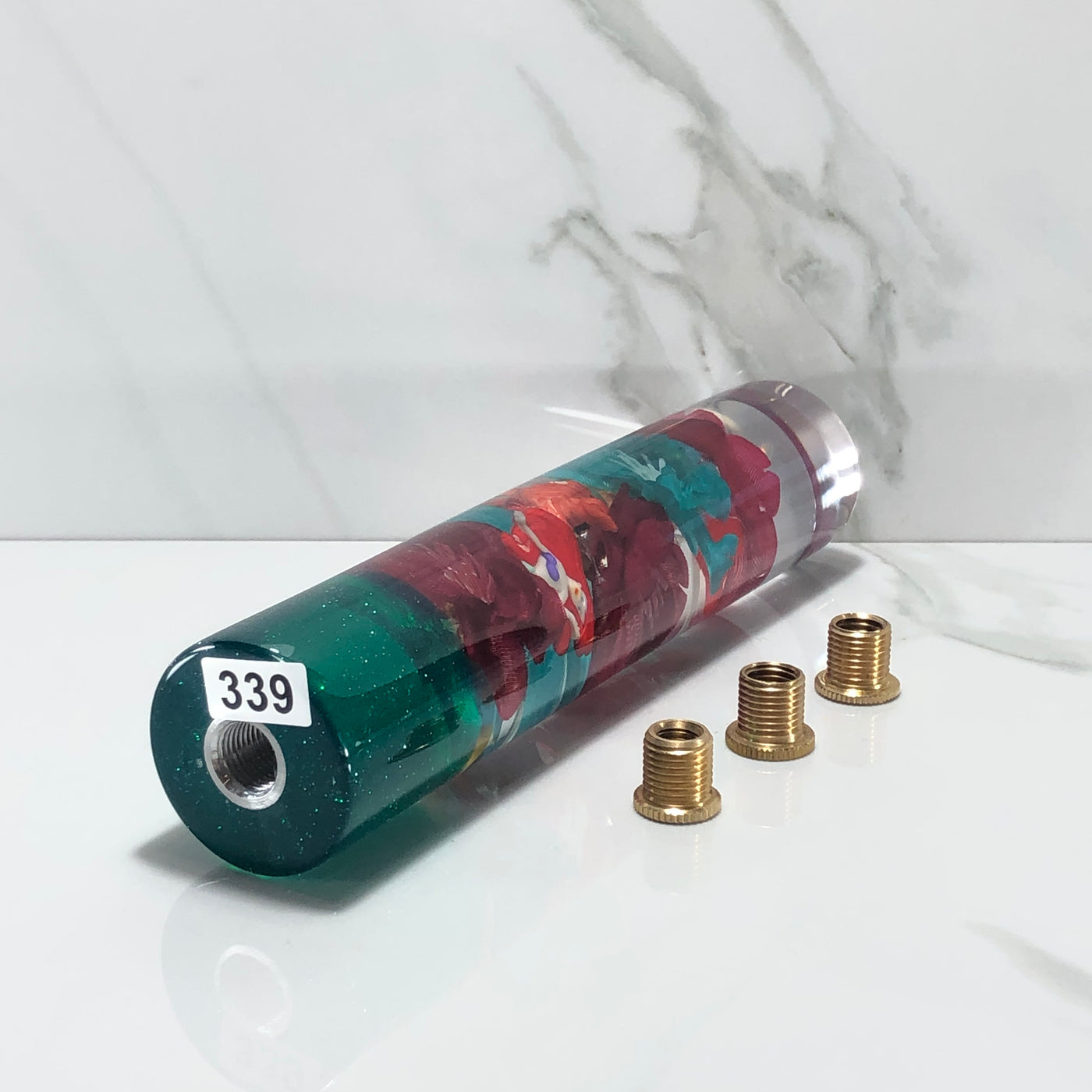 190mm Teal Red Blossom Resin Shift Knob — 7.5 in, 12mm x 1.25
