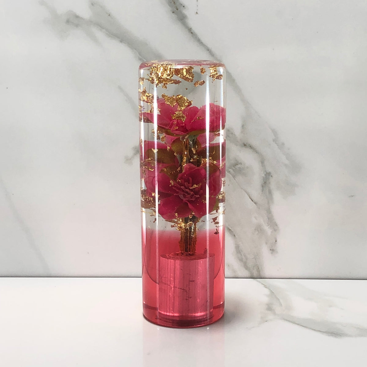 115mm Hot Pink Gold Gold Leaf Flower Resin Shift Knob — 4.5 in, 12mm x 1.25