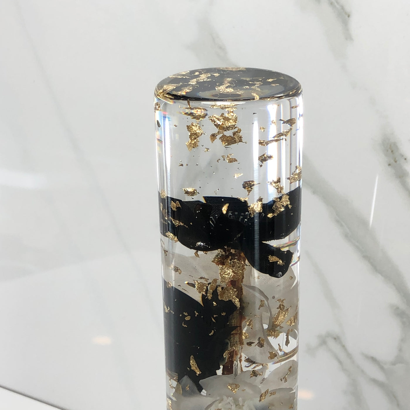 190mm Black White Gold Leaf Blossom Resin Shift Knob — 7.5 in, 12mm x 1.25