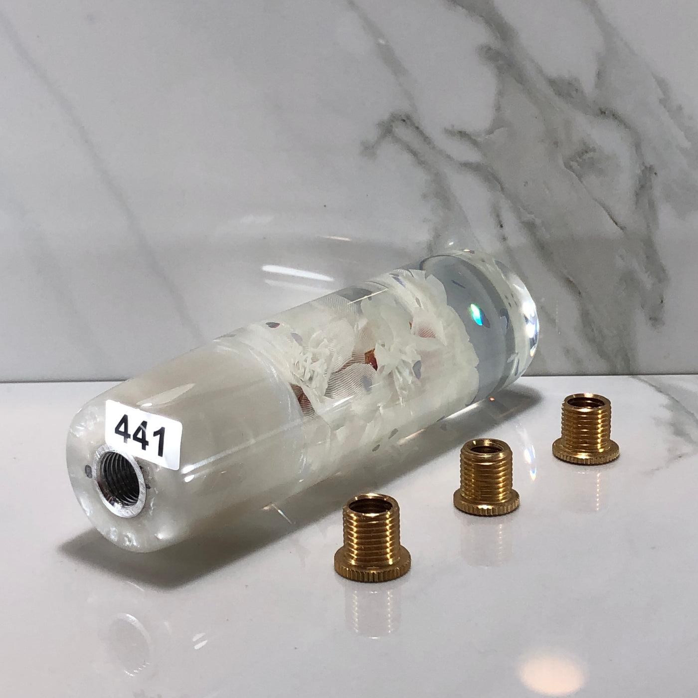 140mm White Blossom Resin Shift Knob — 5.5 in, 12mm x 1.25