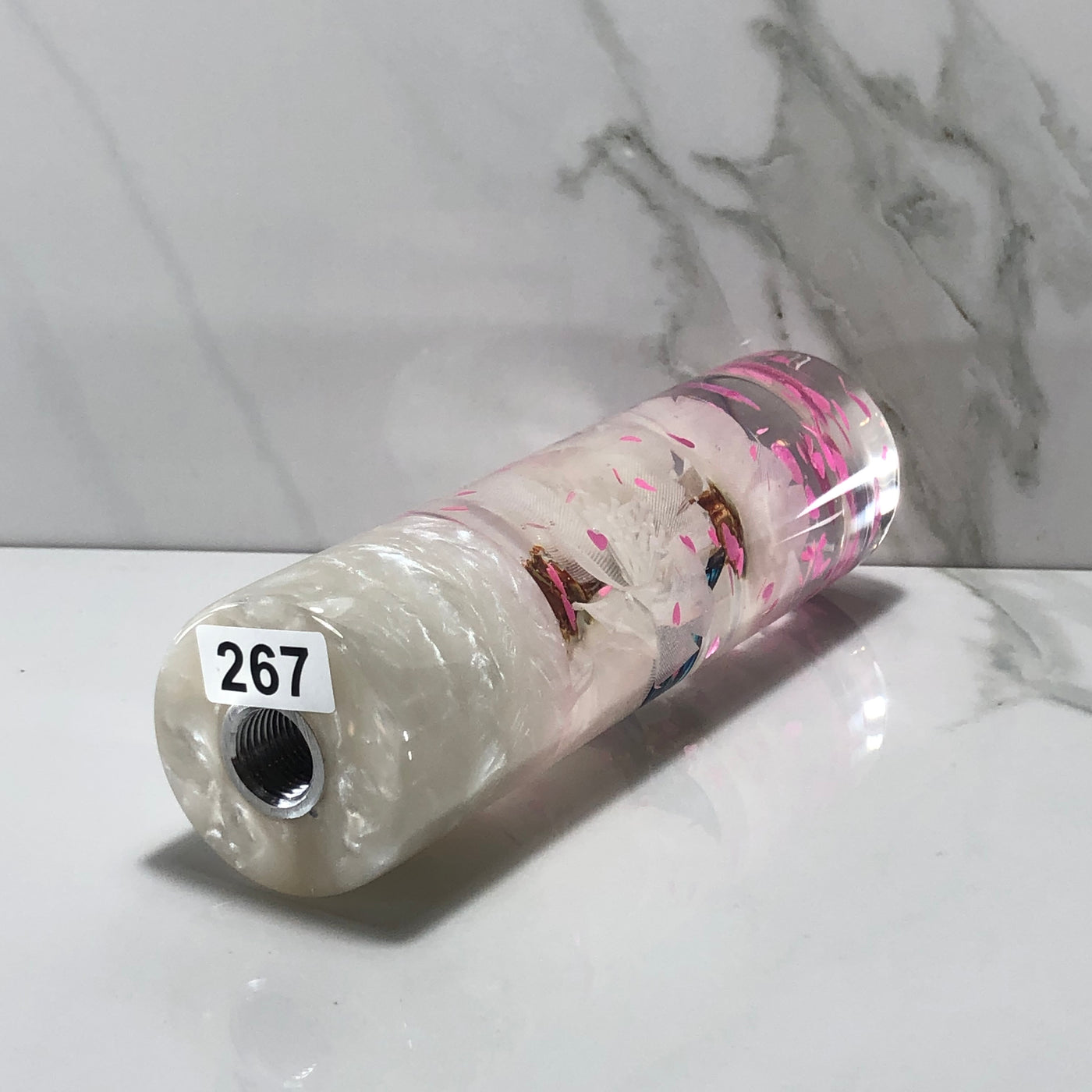 140mm White Pink Blossom Hearts Resin Shift Knob — 5.5 in, 12mm x 1.25