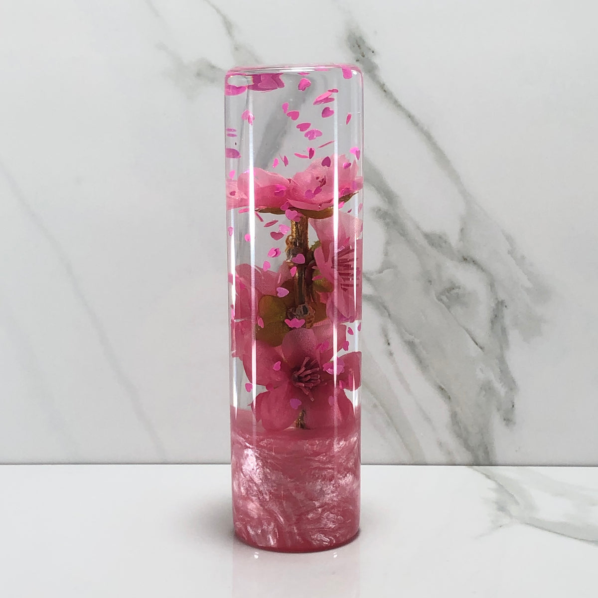140mm Pink Glitter Blossom Heart Resin Shift Knob — 5.5 in, 12mm x 1.25