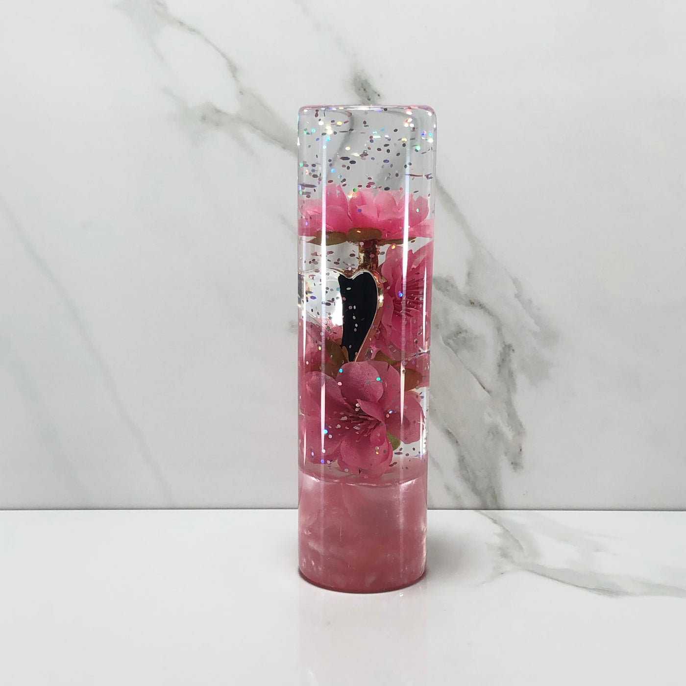 140mm Pink Black Blossom Heart Resin Shift Knob — 5.5 in, 12mm x 1.25