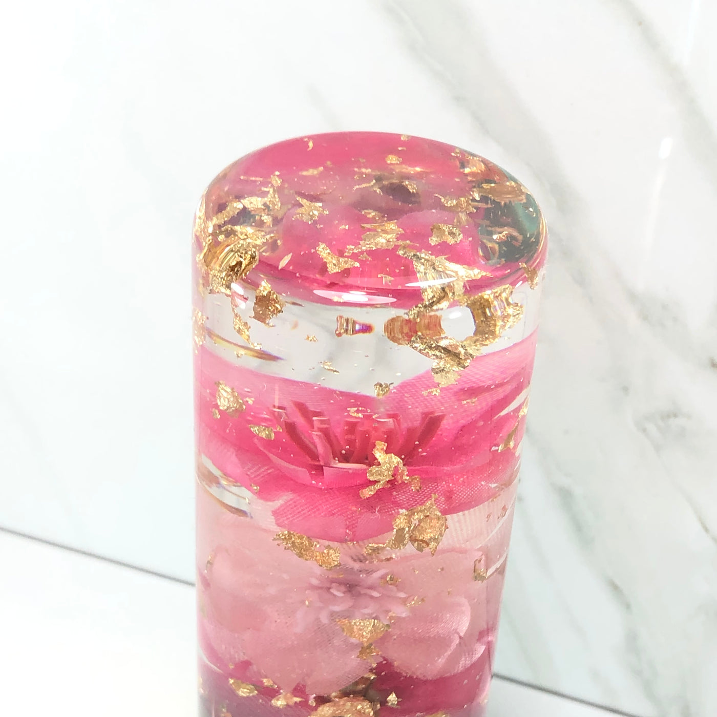 115mm Hot Pink Gold Gold Leaf Blossom Resin Shift Knob — 4.5 in, 12mm x 1.25