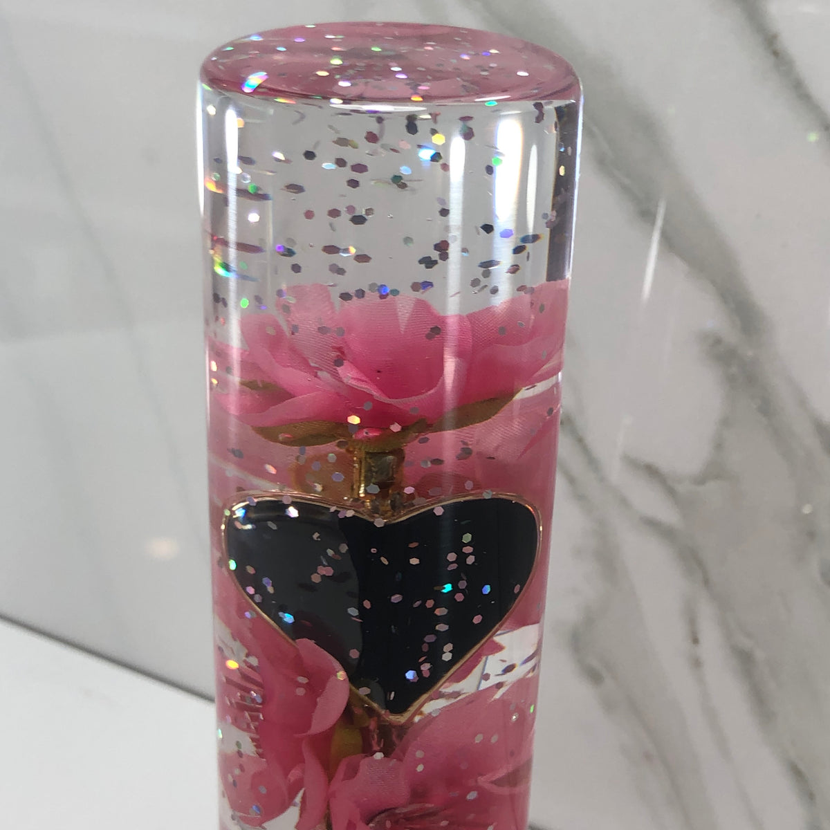140mm Pink Black Blossom Heart Resin Shift Knob — 5.5 in, 12mm x 1.25