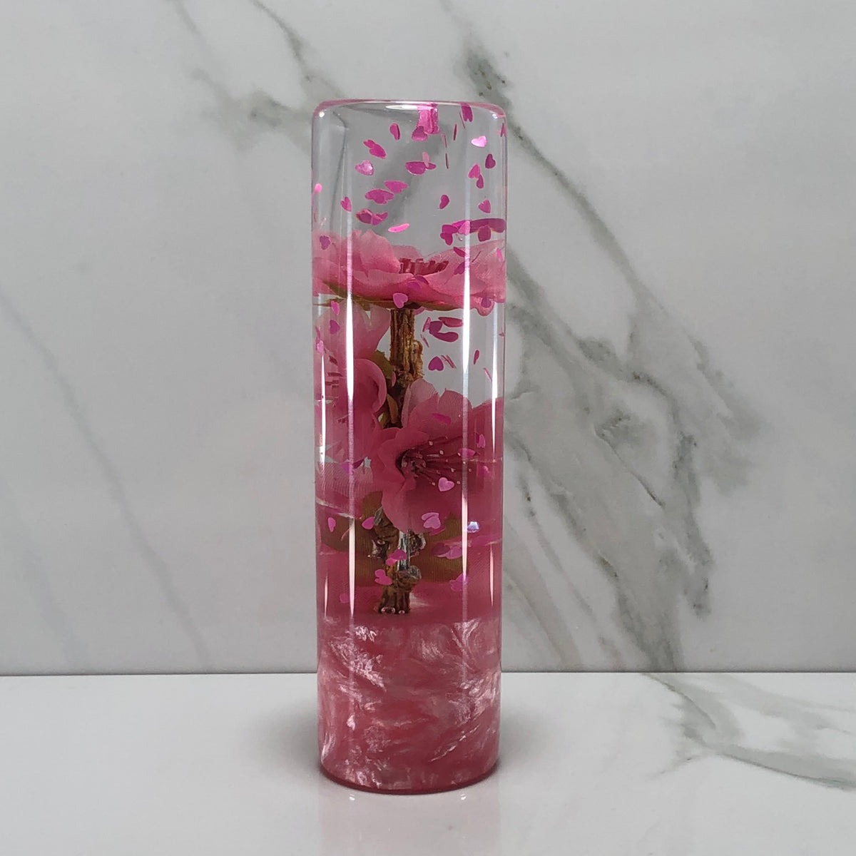 140mm Pink Glitter Blossom Heart Resin Shift Knob — 5.5 in, 12mm x 1.25