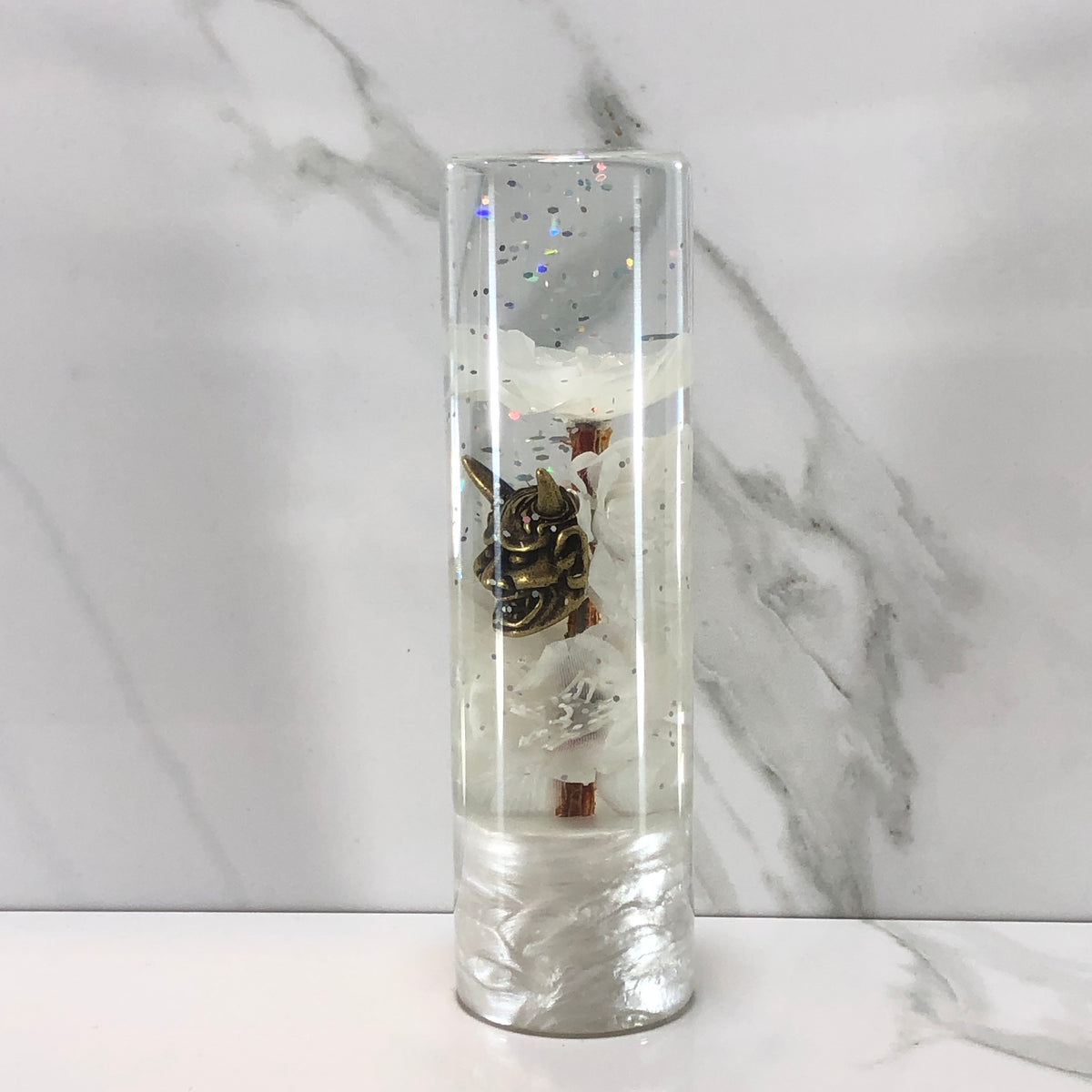 140mm White Blossom Oni Mask Resin Shift Knob — 5.5 in, 12mm x 1.25