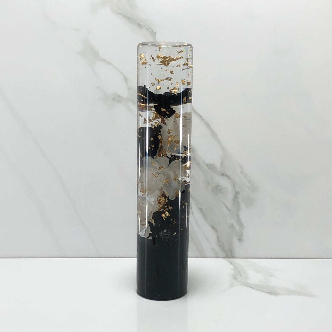 190mm Black White Gold Leaf Blossom Resin Shift Knob — 7.5 in, 12mm x 1.25