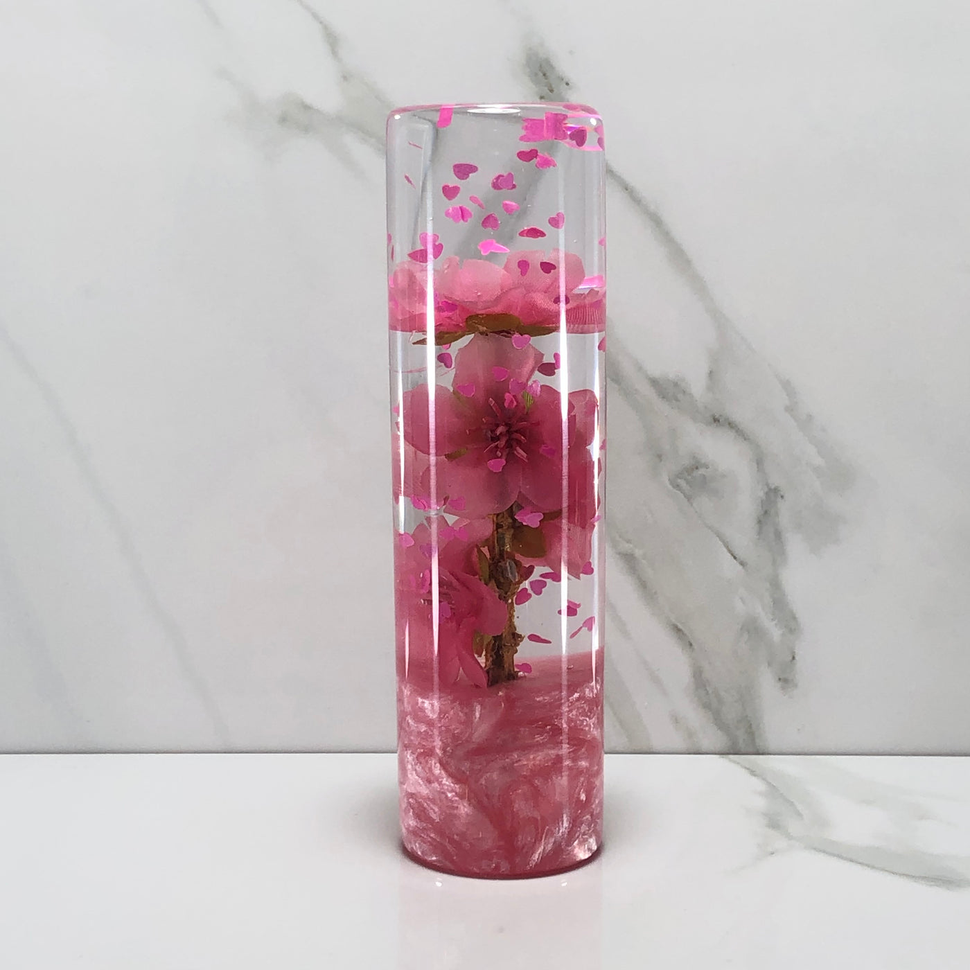 140mm Pink Glitter Blossom Heart Resin Shift Knob — 5.5 in, 12mm x 1.25