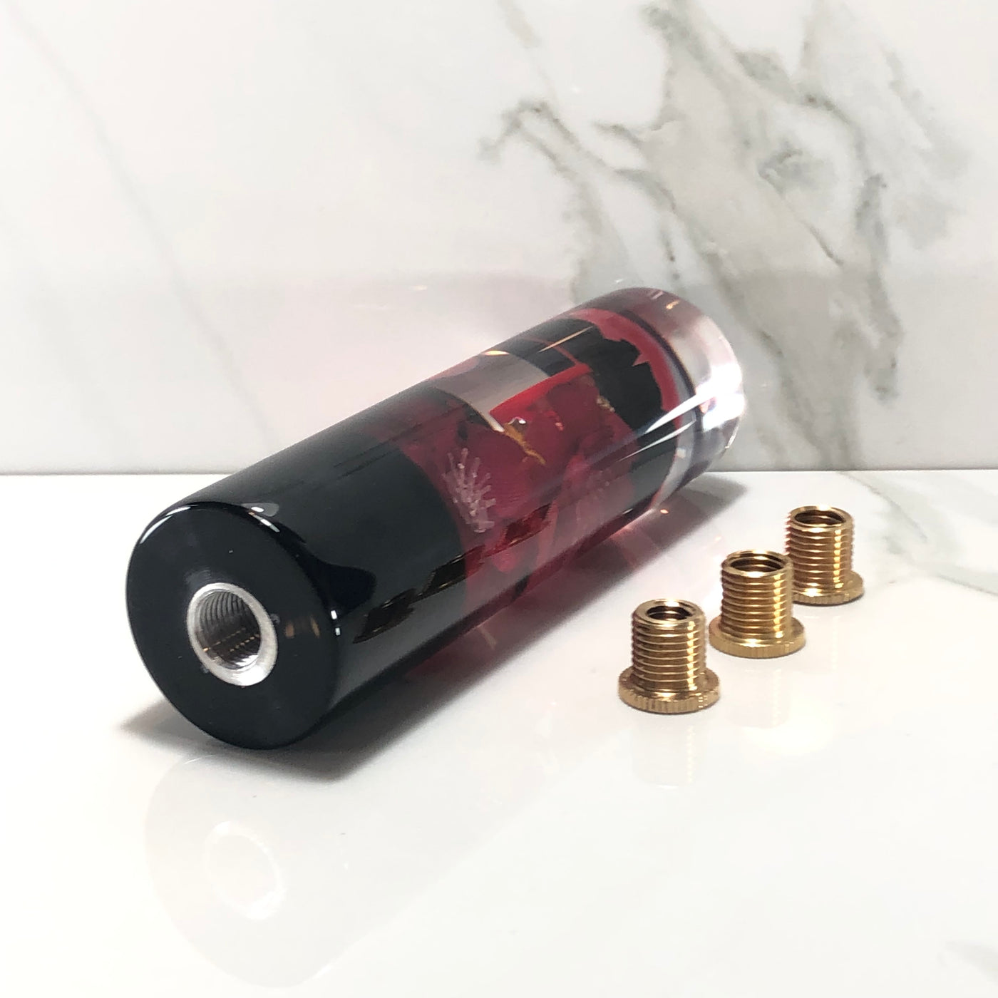 140mm Black Red Blossom Resin Shift Knob — 5.5 in, 12mm x 1.25
