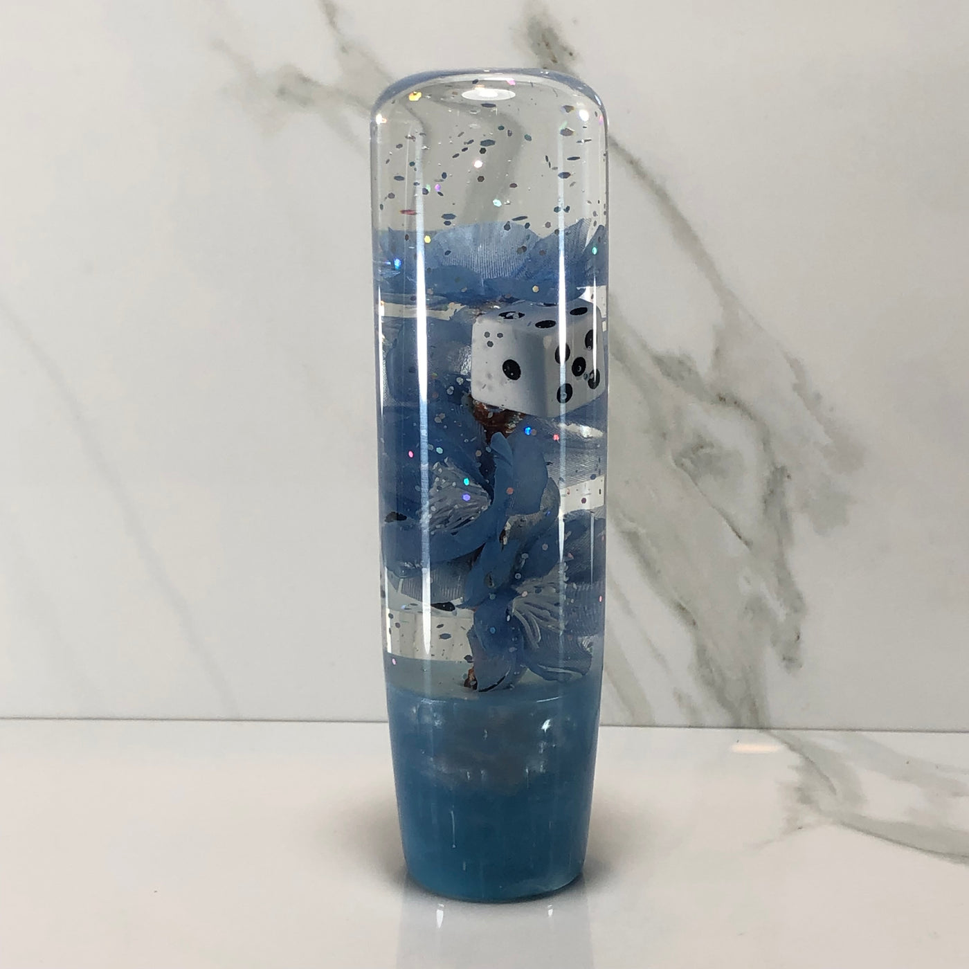 140mm Blue Blossom Dice Resin Shift Knob — 5.5 in, 12mm x 1.25