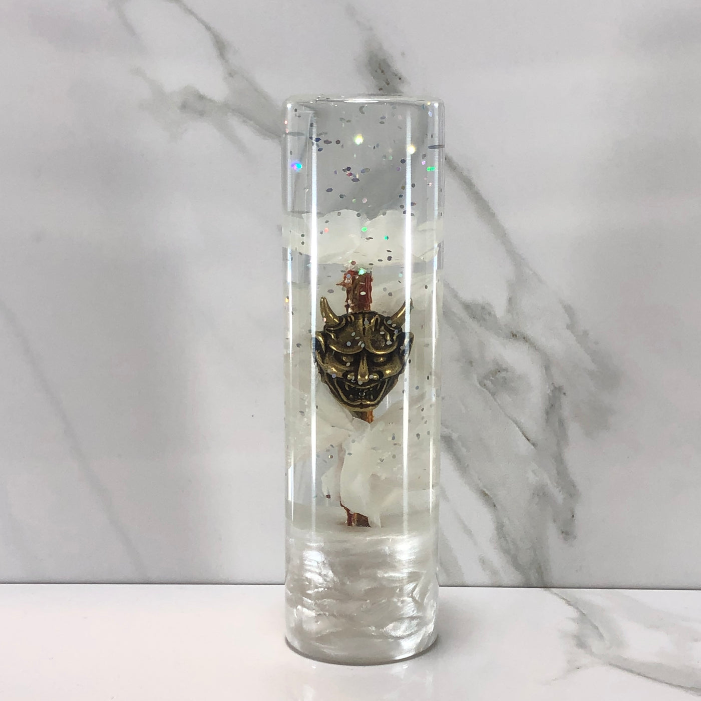 140mm White Blossom Oni Mask Resin Shift Knob — 5.5 in, 12mm x 1.25