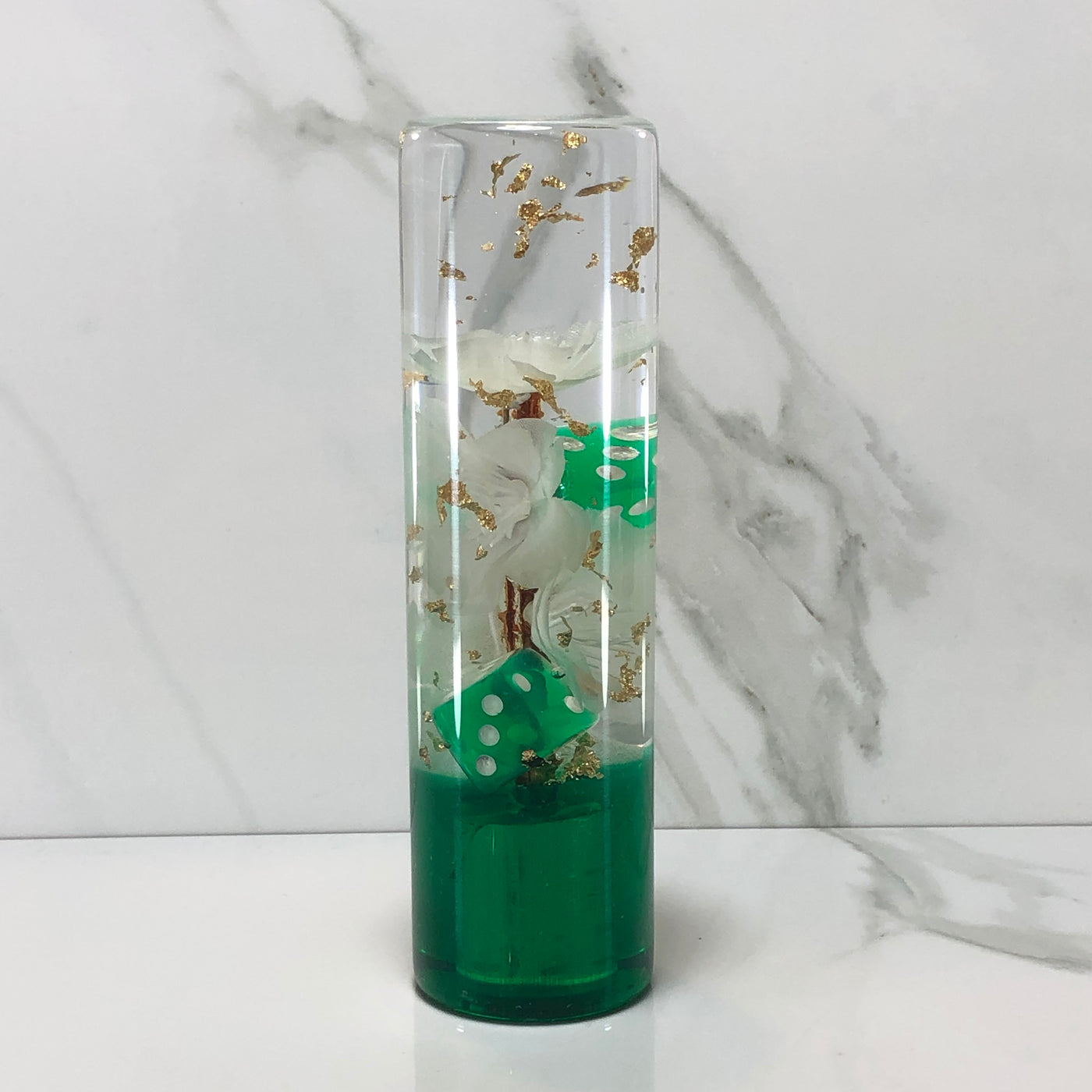 140mm White Green Blossom Dice Resin Shift Knob — 5.5 in, 12mm x 1.25